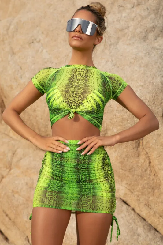 Pretty Python Snake Print Mesh Ruched Mini Skirt in Neon Green sold by Oh Polly