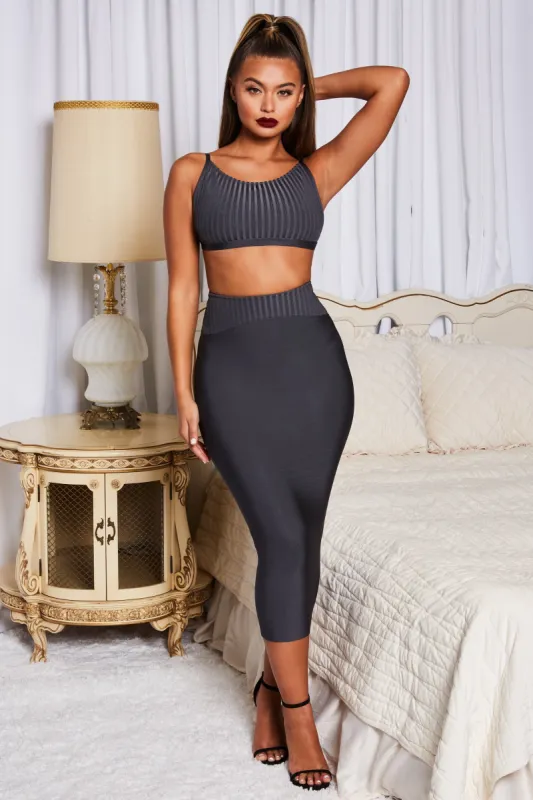 Real Hustle High Waisted Bandage Midi Skirt in Charcoal sold by Oh Polly