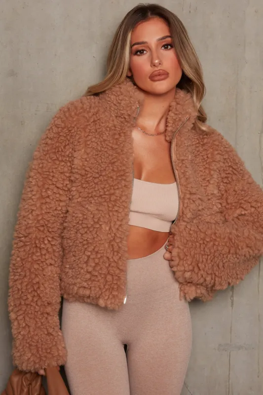 Oversized Boucle Teddy Coat in Camel sold by Oh Polly