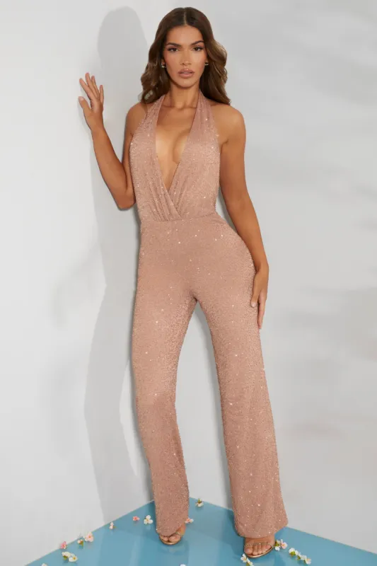Tall Embellished Plunge Neck Jumpsuit in Beige sold by Oh Polly