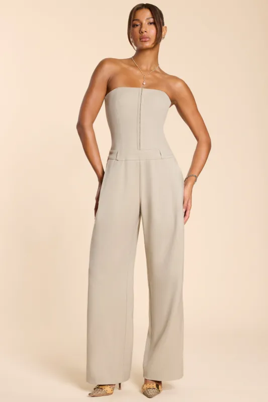 Petite Woven Wool Bandeau Corset Jumpsuit in Taupe sold by Oh Polly