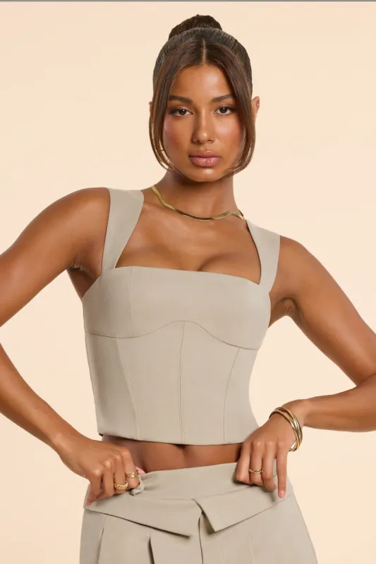 Woven Wool Square Neck Tailored Top in Taupe sold by Oh Polly