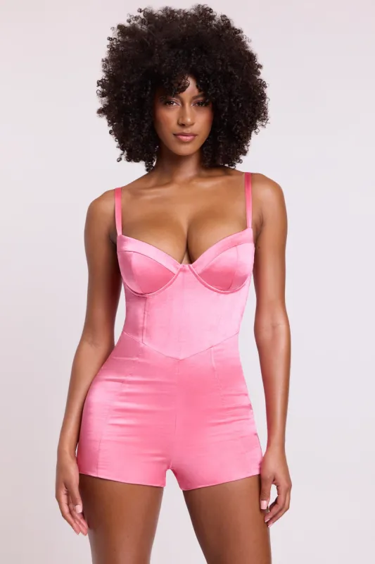 Satin Corset Playsuit in Pink sold by Oh Polly