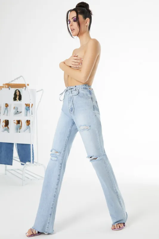 Petite Lace Up Cut Out Back Jeans in Light Blue Wash sold by Oh Polly