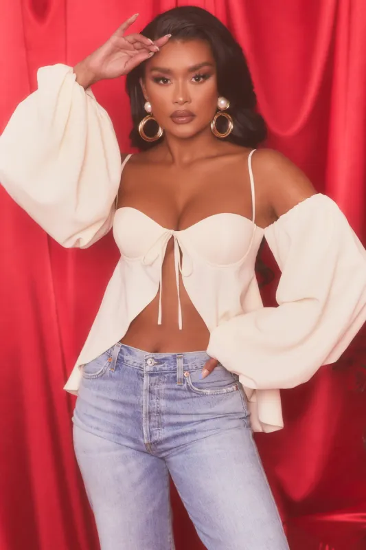 Fall From Grace Draped Balloon Sleeve Crop Top in Oyster White made by Oh Polly