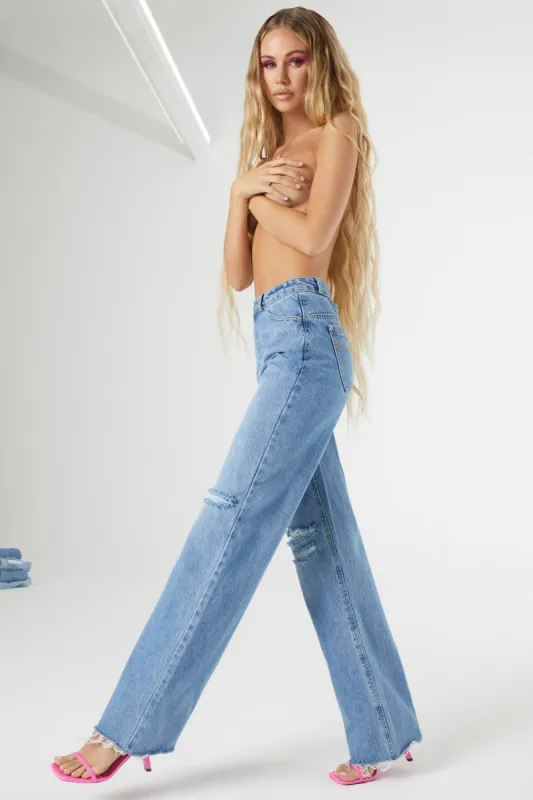 Cut Out Wide Leg Jeans in Medium Blue Wash sold by Oh Polly