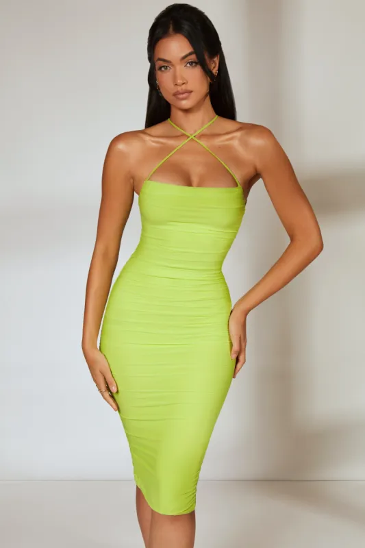 Low Back Ruched Midi Dress in Lime sold by Oh Polly