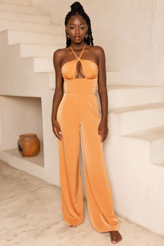 Summer Glow Tall Cut Out Halter Neck Jumpsuit in Caramel sold by Oh Polly