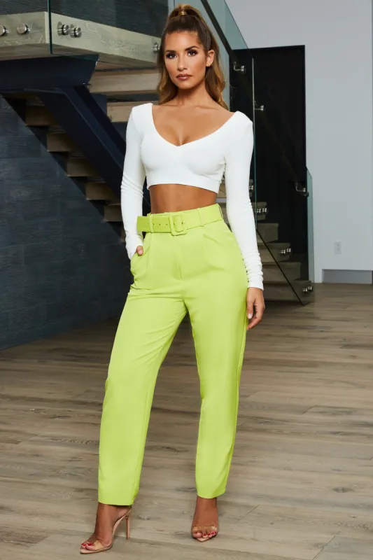 Tailor To You Belted High Waisted Trousers in Lime sold by Oh Polly