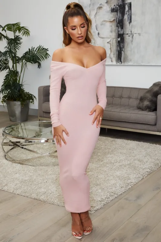 Walk The Walk Long Sleeve Ribbed Midaxi Dress in Blush sold by Oh Polly