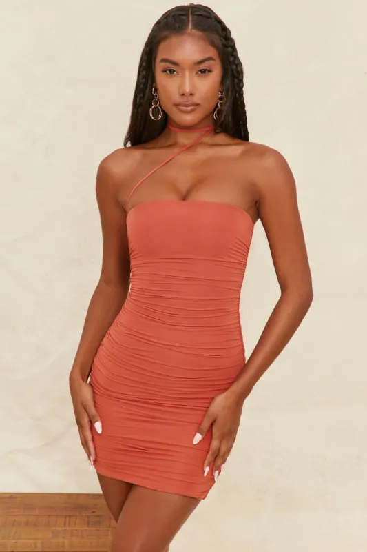 Collar Strap Ruched Mini Dress in Rust sold by Oh Polly