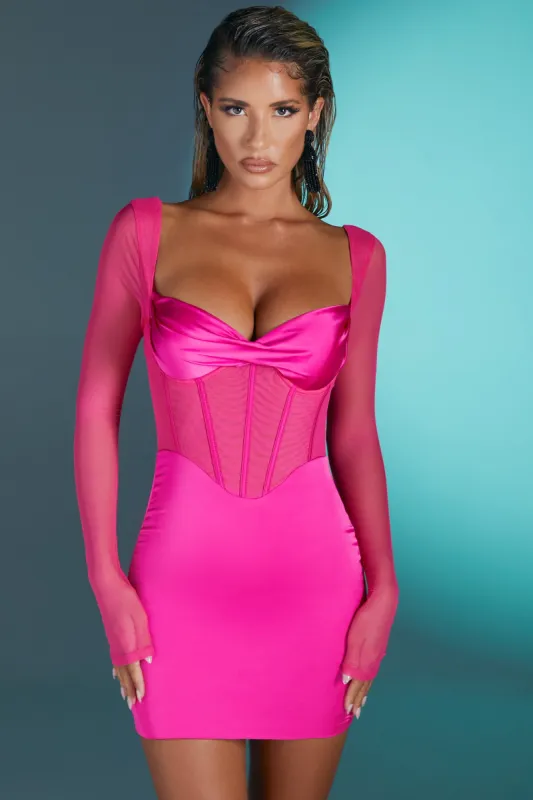 Long Sleeve Mesh Mini Dress in Pink sold by Oh Polly