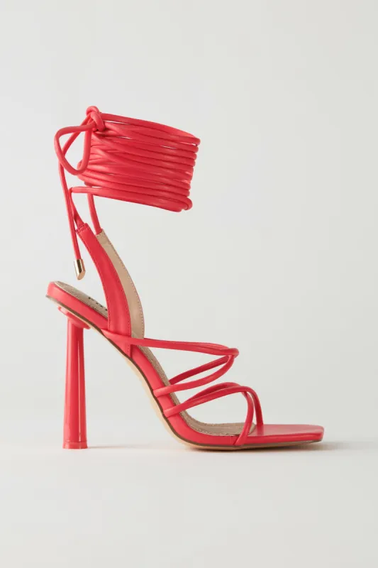 Faux Leather Lace Up Heels in Pink sold by Oh Polly