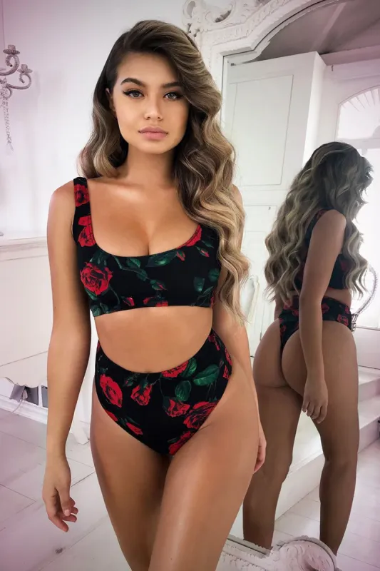 Bed Of Roses Floral High Waisted Bottoms in Black sold by Oh Polly