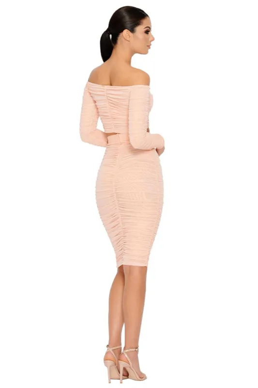 Do The Twist Ruched Midi Skirt in Blush sold by Oh Polly