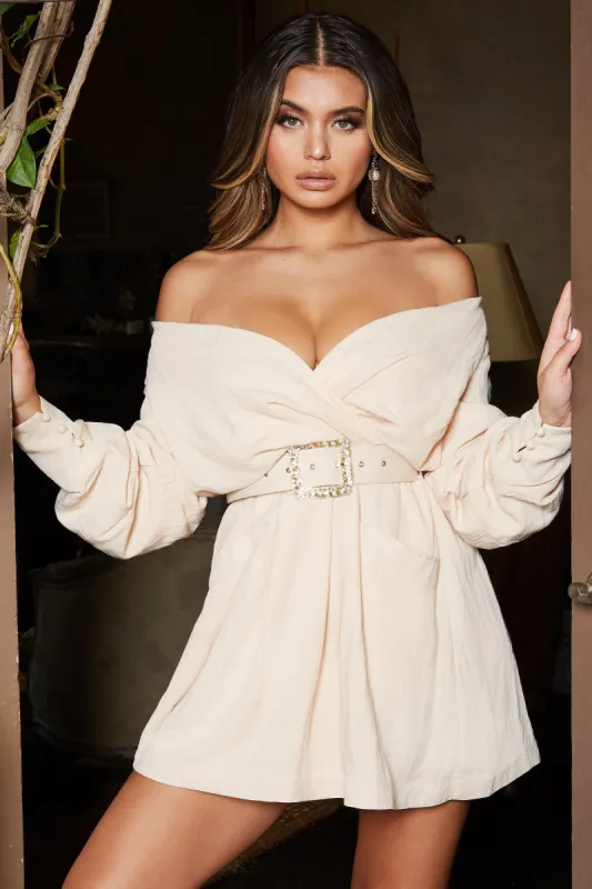 That's A Wrap Belted Off The Shoulder Mini Dress in Beige sold by Oh Polly