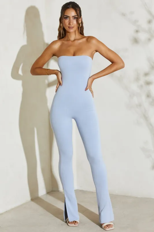 Strapless Flared Hem Jumpsuit in Light Blue sold by Oh Polly