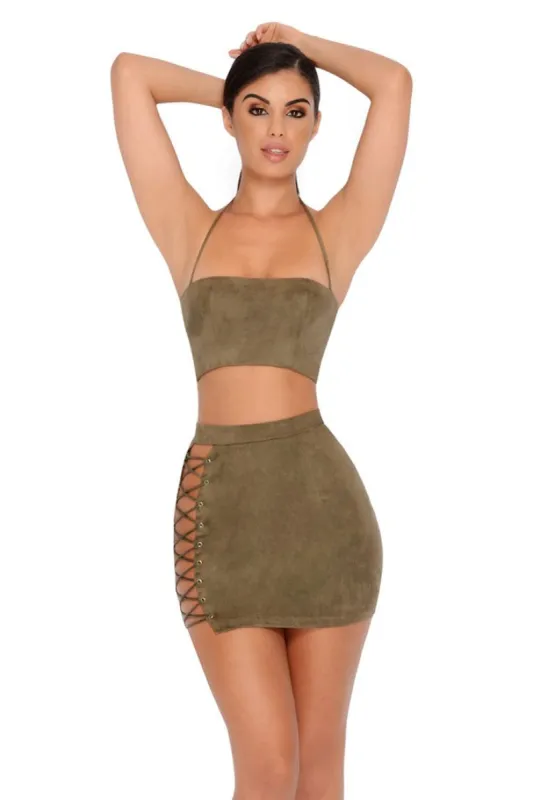 Straight Laced Suede Crop Top in Khaki sold by Oh Polly