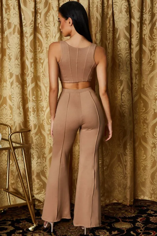 Flare Game Wide Leg Trousers in Tan sold by Oh Polly