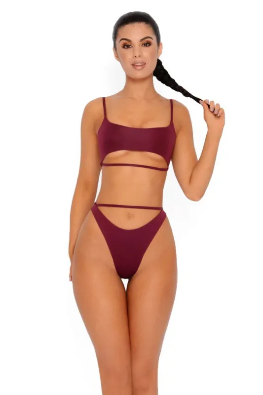 Space Between Us Strappy High Leg Bikini Bottoms in Wine made by Oh Polly