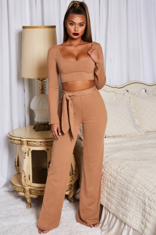 Hands Are Tied Petite Wide Leg Ribbed Trousers in Camel sold by Oh Polly