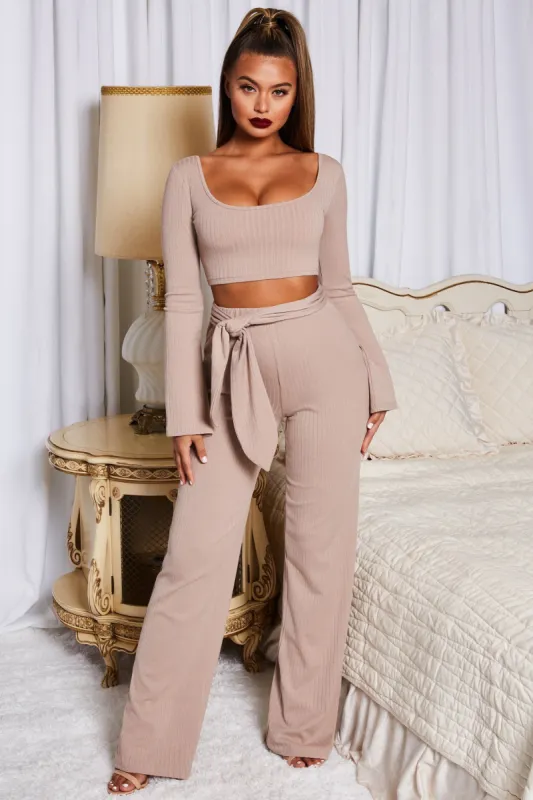Hands Are Tied Petite Wide Leg Ribbed Trousers in Stone sold by Oh Polly