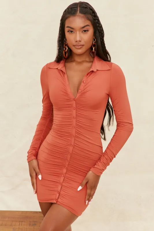 Collar Button Down Mini Dress in Rust sold by Oh Polly