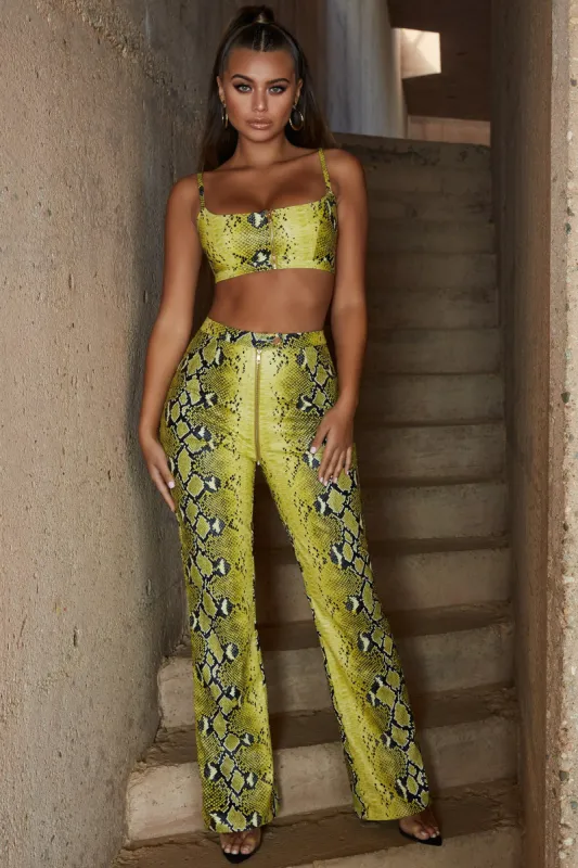 Snake Charmer Petite Vegan Leather Wide Leg Trousers in Lime Snake Print sold by Oh Polly
