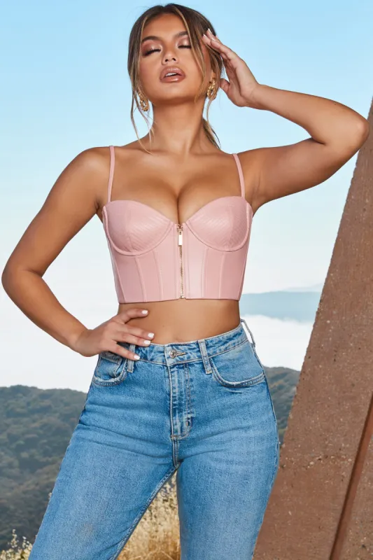 Zip Into Shape Faux Leather Underwired Bustier Crop Top in Blush sold by Oh Polly