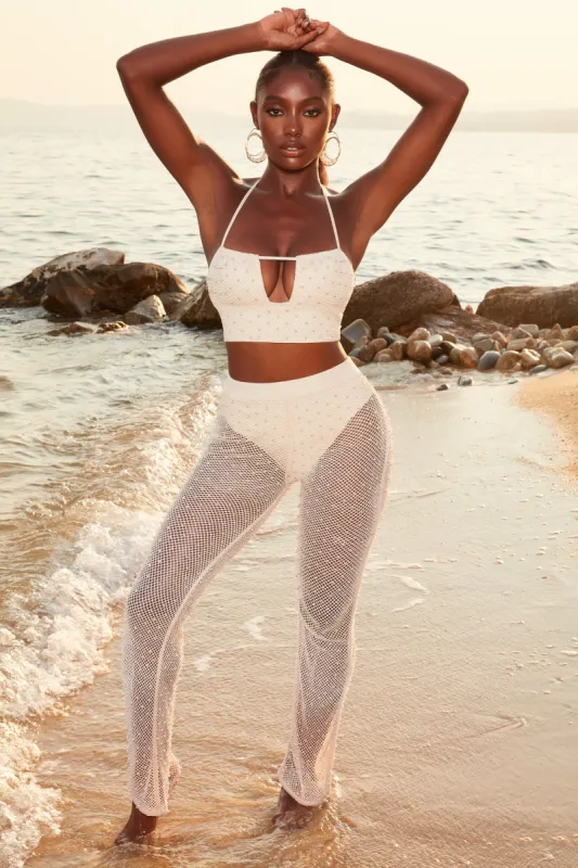 Tall Beaded Flare Trousers in Ivory sold by Oh Polly