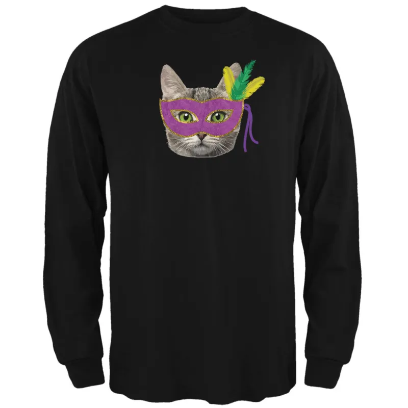 Mardi Gras Mask Funny Cat Black Adult Long Sleeve T-Shirt sold by Old Glory