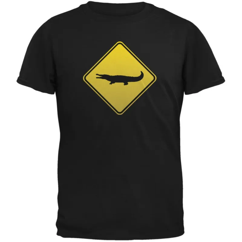 Alligator Crossing Sign Black Adult T-Shirt sold by Old Glory