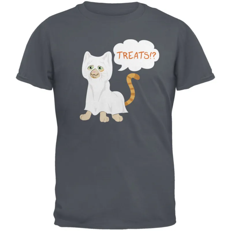 Halloween Ghost Treats Cat Charcoal Grey Adult T-Shirt sold by Old Glory