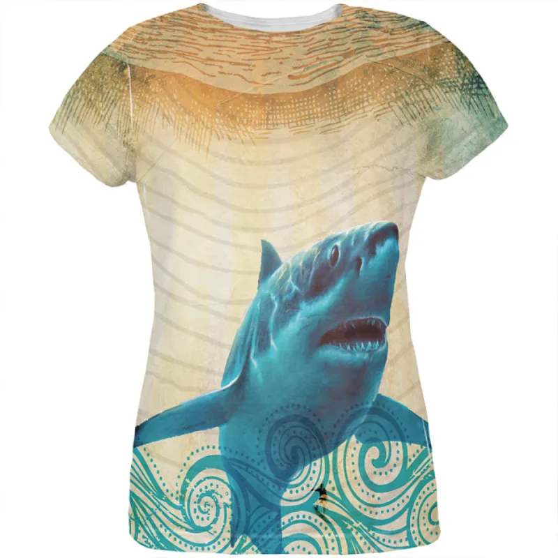 Great White Shark in Waves All Over Womens T Shirt sold by Old Glory