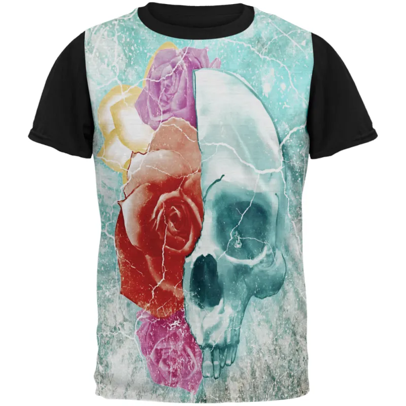 Halloween Distressed Skull and Flowers All Over Mens Black Back T Shirt sold by Old Glory
