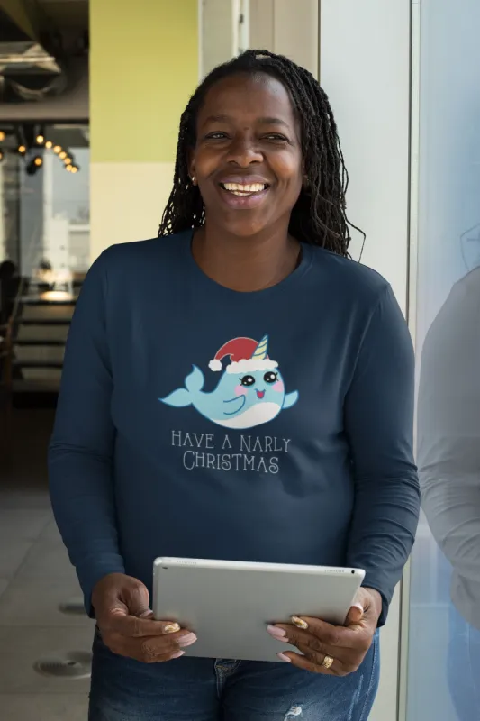 Narwhal Have a Narly Gnarly Christmas Womens Long Sleeve T Shirt Navy X-LG sold by Old Glory