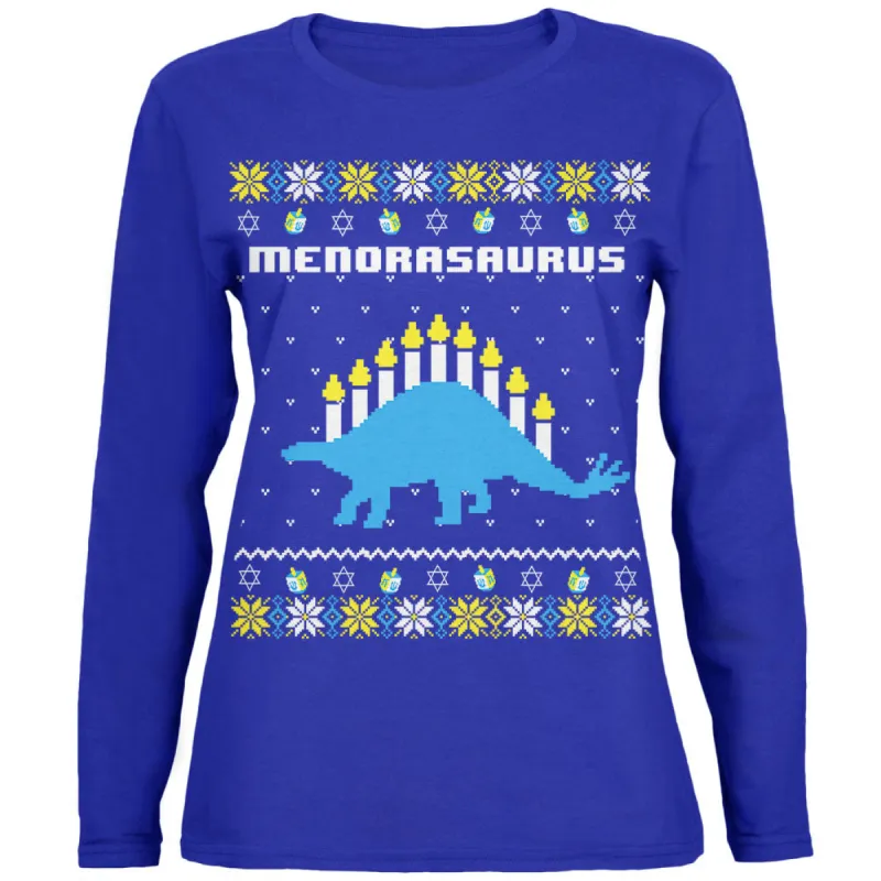 Hanukkah Ugly Sweater Menorasaurus Menorah Stegasaurus Womens Long Sleeve T Shirt sold by Old Glory