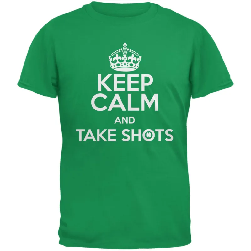 Keep Calm Take Shots Irish Green Adult T-Shirt sold by Old Glory