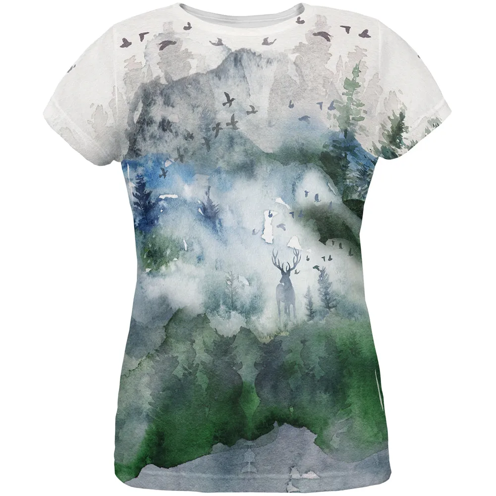 Watercolor Deer in the Mist All Over Womens T Shirt sold by Old Glory