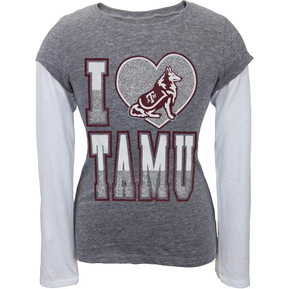 Texas A Aggies - Glitter Heart Girls Juvy 2fer Long Sleeve T-Shirt sold by Old Glory
