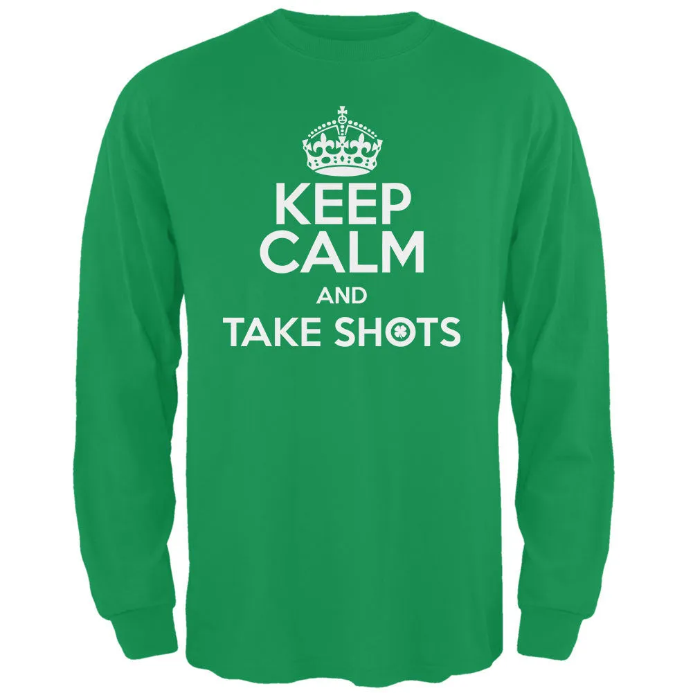 Keep Calm Take Shots Irish Green Adult Long Sleeve T-Shirt sold by Old Glory