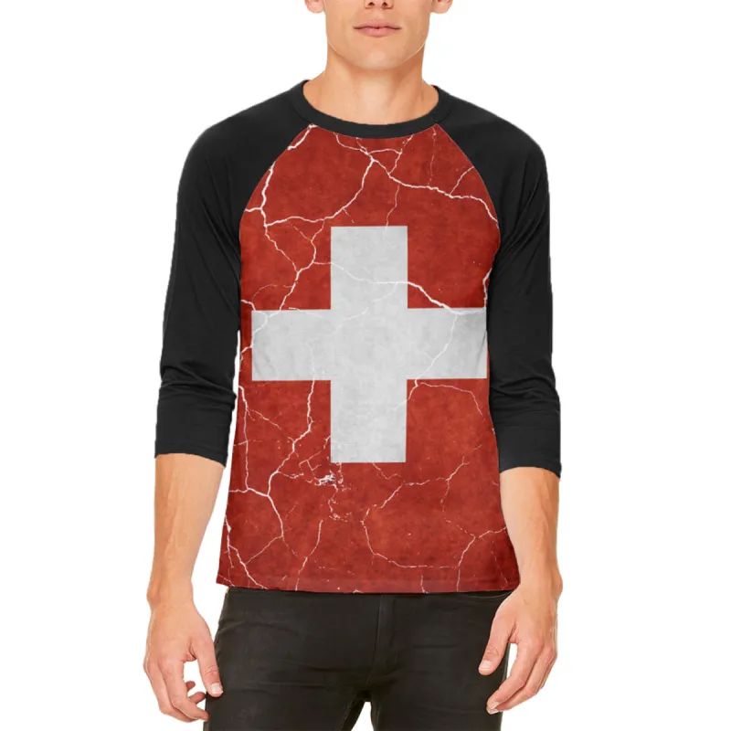 Distressed Swiss Flag Mens Raglan T Shirt sold by Old Glory