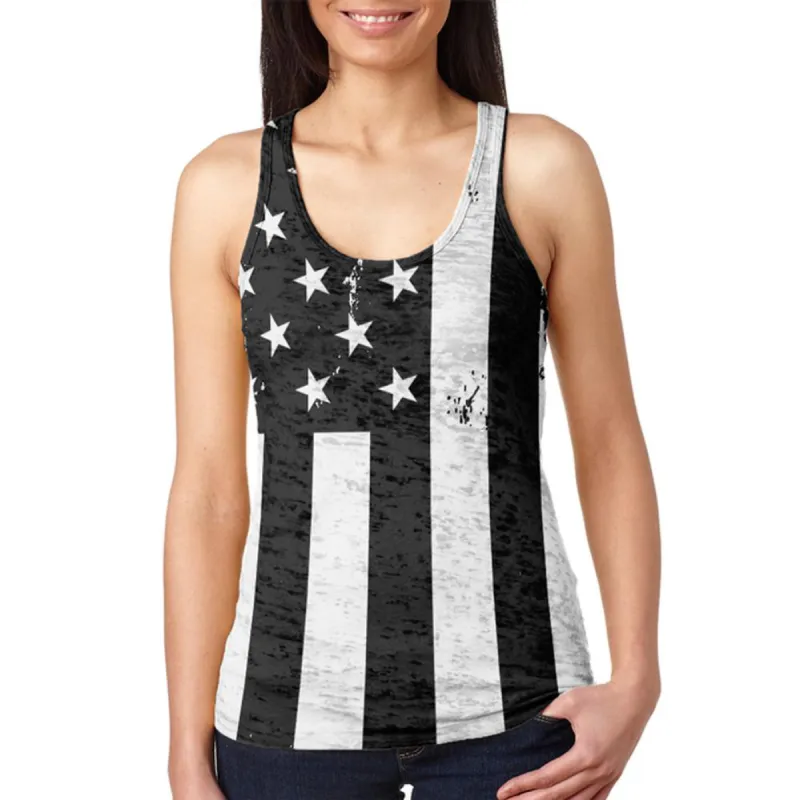 Black and White American Flag Juniors Burnout Racerback Tank Top sold by Old Glory