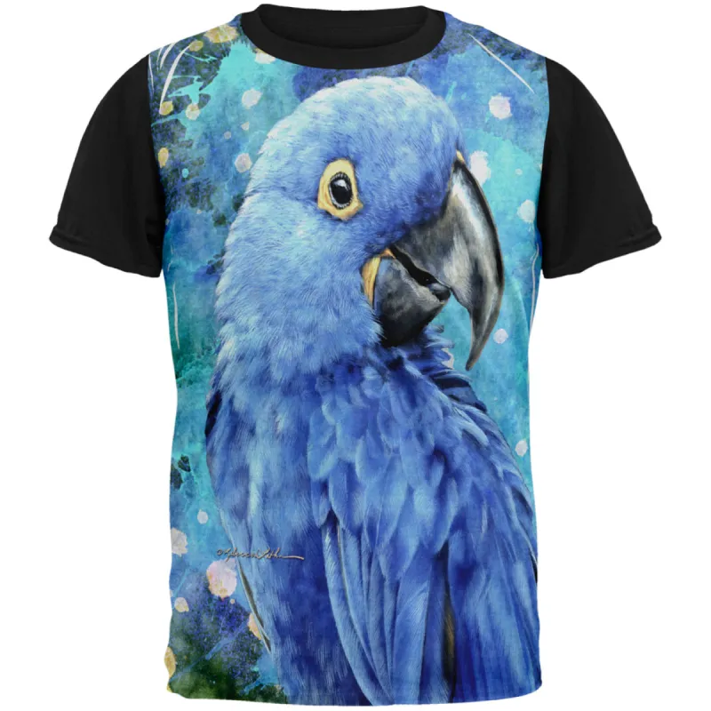 Blue Hyacinth Macaw Splatter All Over Mens Black Back T Shirt sold by Old Glory