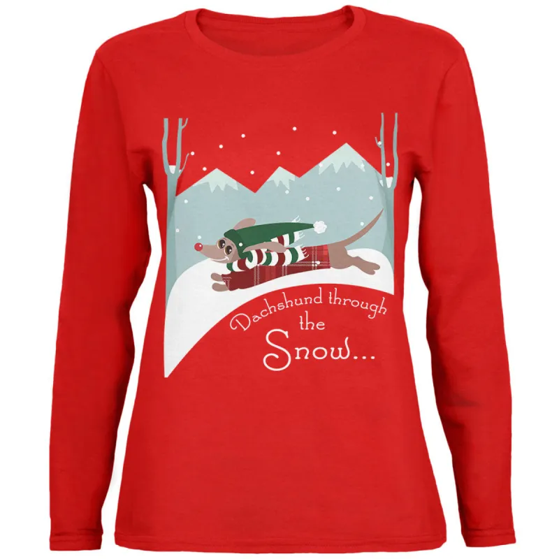 Christmas Dachshund Dashing Through the Snow Womens Long Sleeve T Shirt sold by Old Glory