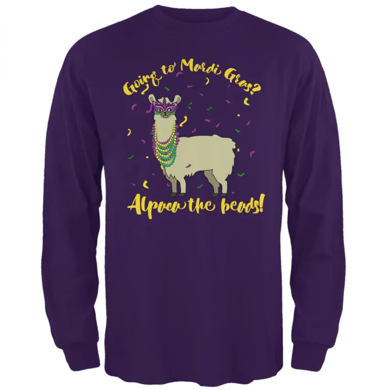 Mardi Gras Alpaca Funny Pun Mens Long Sleeve T Shirt sold by Old Glory