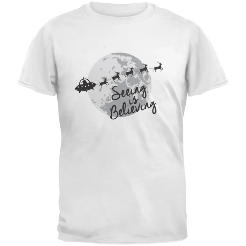 Seeing Is Believing Alien Santa White Adult T-Shirt sold by Old Glory