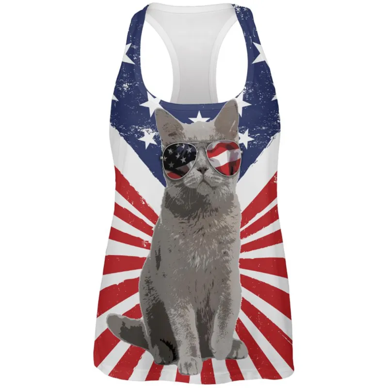 4th Of July Meowica America Patriot Cat All Over Womens Work Out Tank Top sold by Old Glory