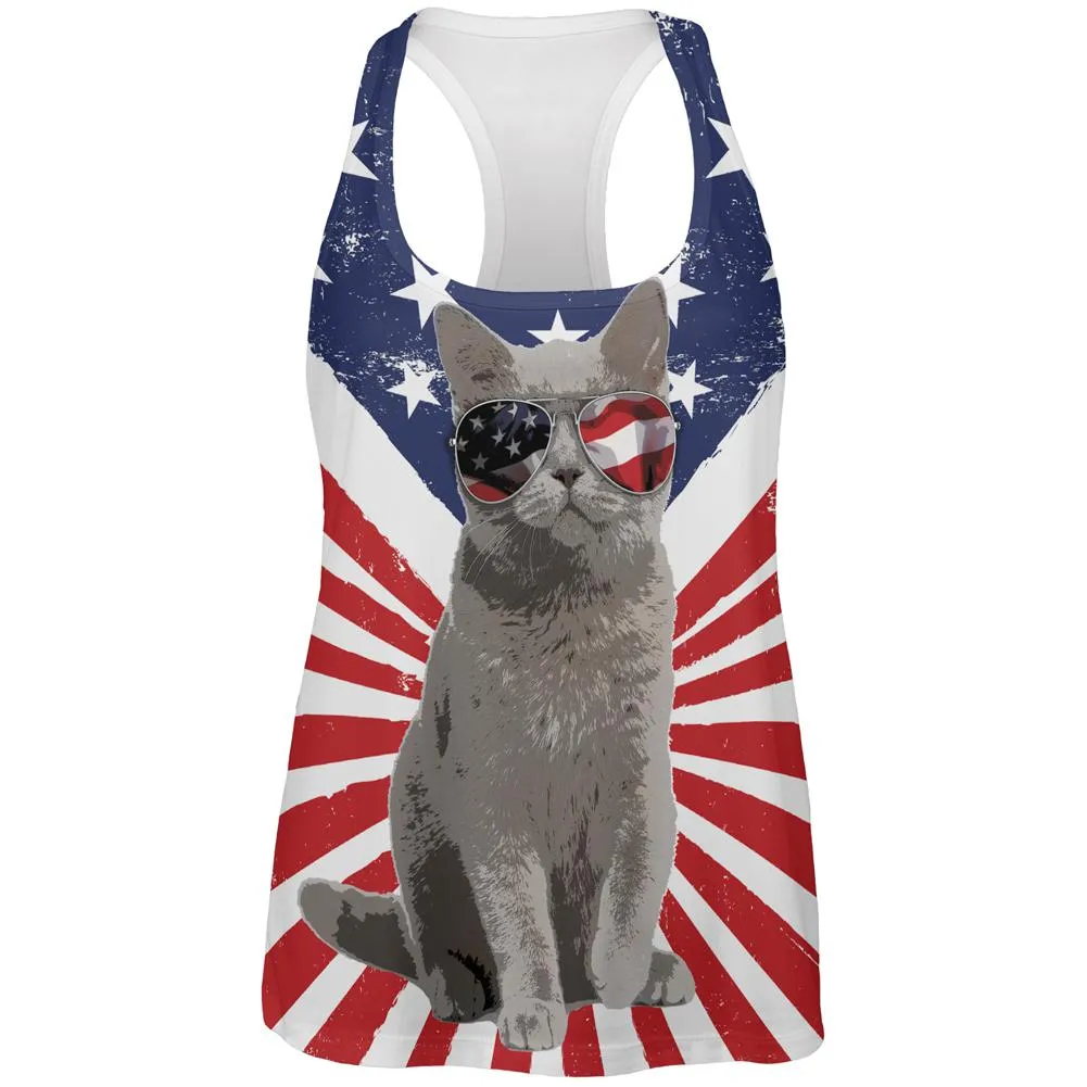 4th Of July Meowica America Patriot Cat All Over Womens Work Out Tank Top sold by Old Glory