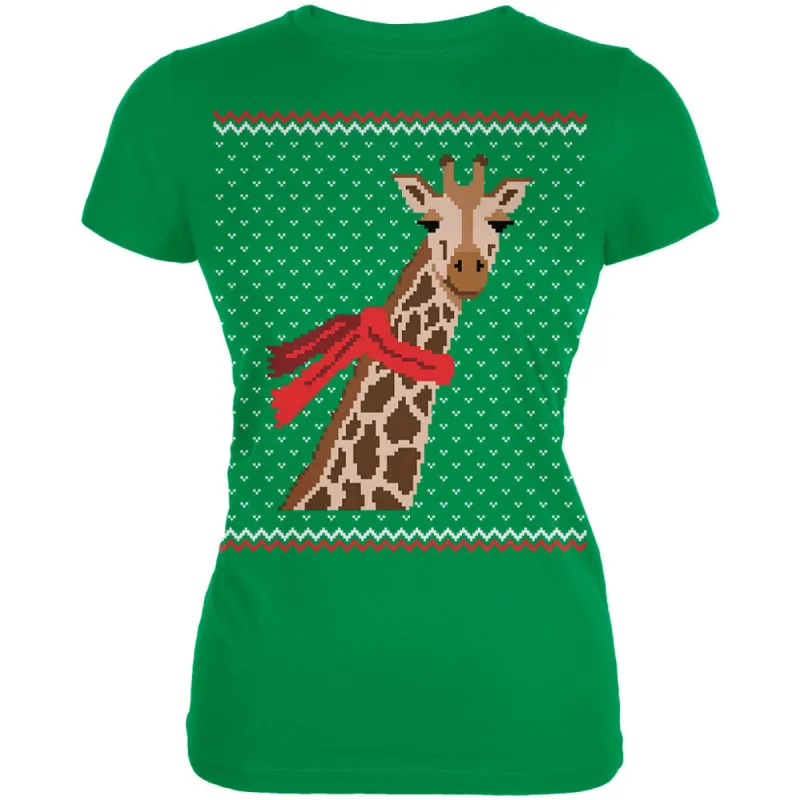 Big Giraffe Scarf Ugly Christmas Sweater Juniors Soft T Shirt sold by Old Glory
